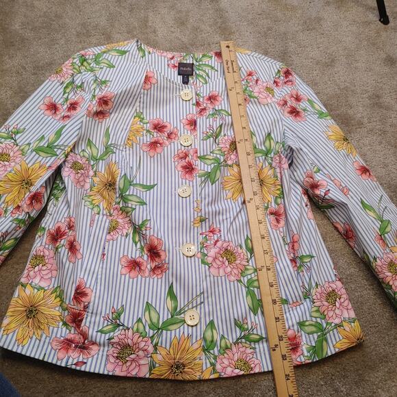 Rafaella Size Medium M Blue Stripe Seersucker Floral Flower Print Blazer Button - Picture 8 of 10